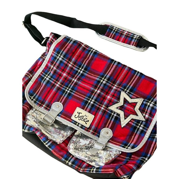Justice plaid glitter Star laptop messenger bag NEW - Picture 9 of 11